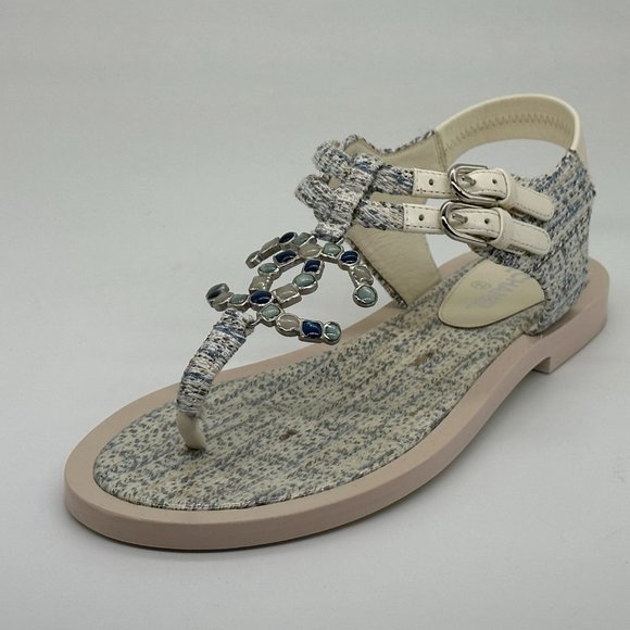 CHANEL 19C Tweed Double Strap Beaded Jewel CC T Thong Flat Sandals Shoes